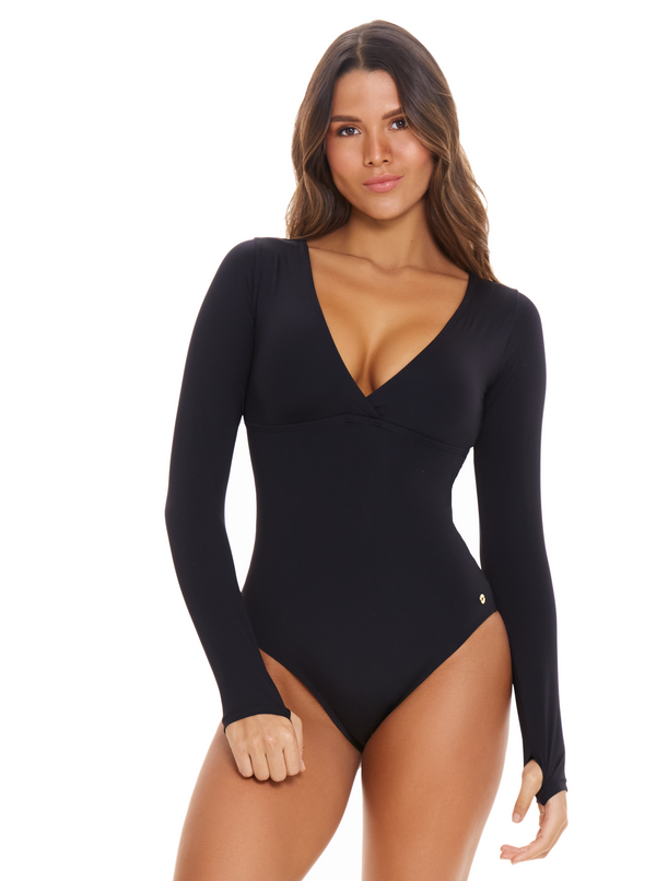 Vestido de baño negro entero manga larga para mujer 28535 | Chamela