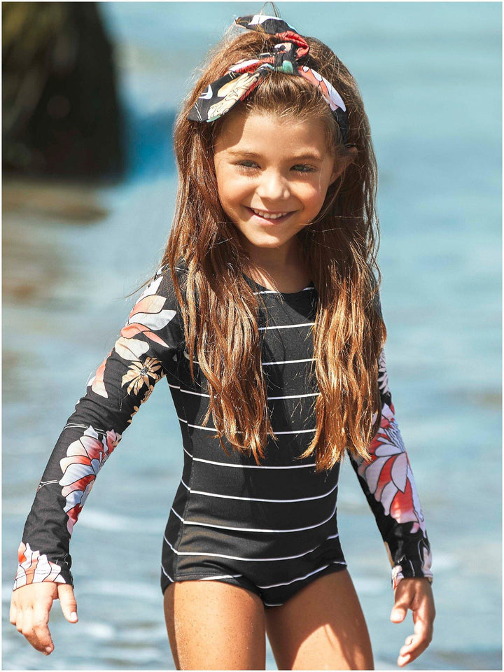 CHAMELA 25685 | Vestido de Baño Manga Larga Kids | Trajes de Baño Estampado Rayas - Flores para Niñas - Chamela Colombia